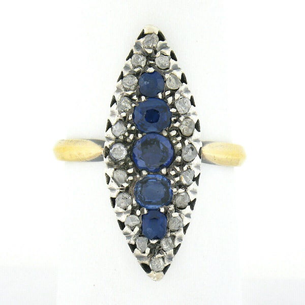Antique French 18k Gold Silver GIA NO HEAT Pave Sapphire & Diamond Navette Ring Carousel 2