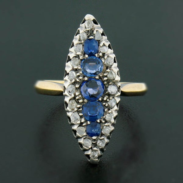 Antique French 18k Gold Silver GIA NO HEAT Pave Sapphire & Diamond Navette Ring Carousel 1