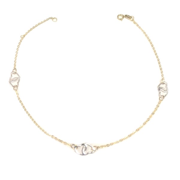 14K Yellow And White Gold Heart Charms Fancy Anklet, 10" Carousel 1