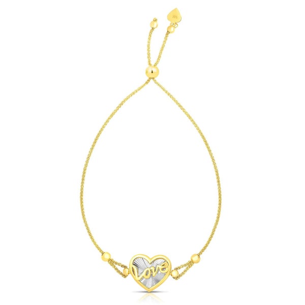 14k Yellow And White Gold Heart Love Charm Adjustable Bracelet, 9.25" Carousel 1