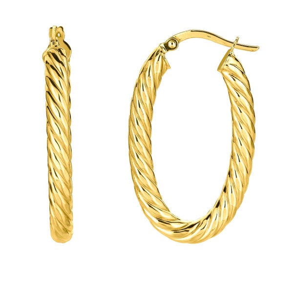 14K Yellow Gold Shiny Oval Shape Twists Hoop Earrings, Length 35mm Carousel 1