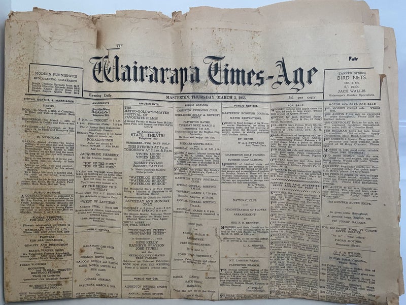 OLD NEWSPAPER: Wairarapa Times- Age, Masterton - 3 March 1955 Carousel 1