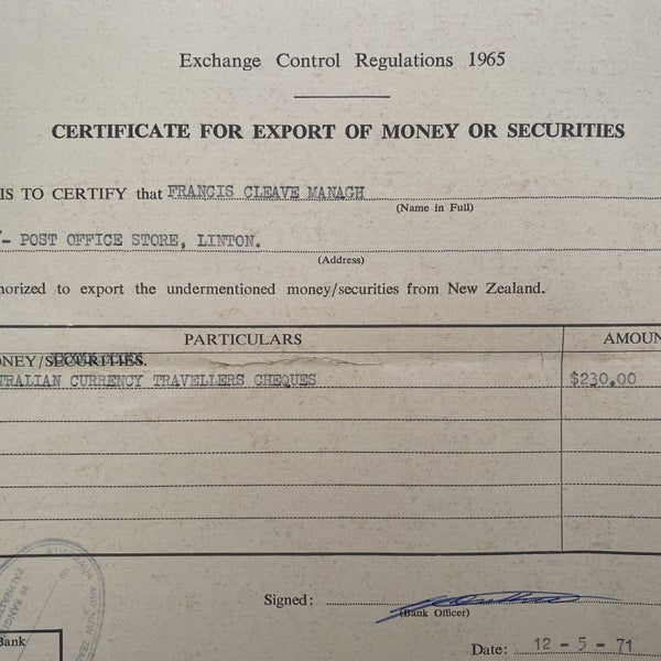 OLD DOCUMENT: Certificate for Export of Money or Securities 1971 Carousel 1