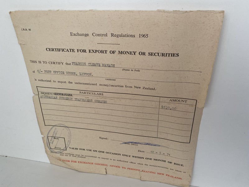 OLD DOCUMENT: Certificate for Export of Money or Securities 1971 Carousel 2