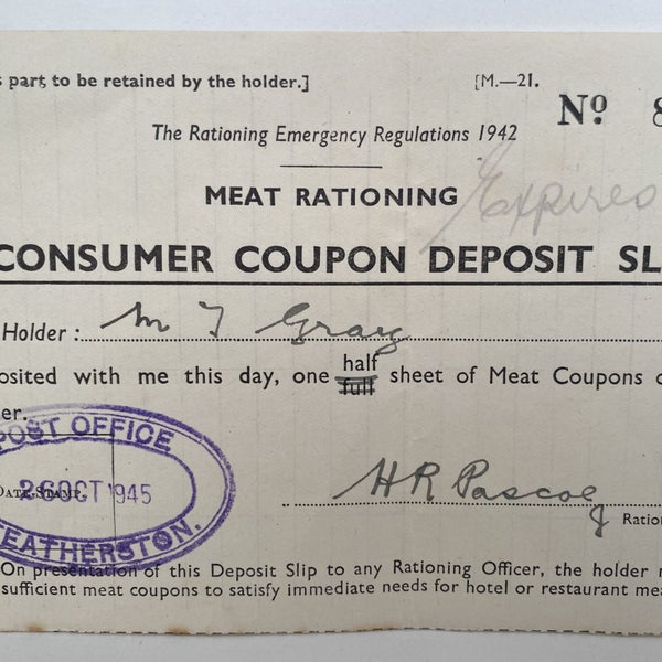 OLD RECEIPT: Meat Rationing Consumer Deposit Slip 1946 Carousel 1