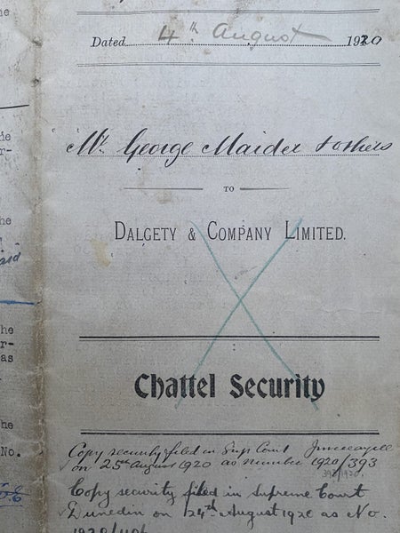 ANTIQUE DOCUMENT: Chattel Security Deed - Dalgety & Company, Dunedin 1920 Carousel 1