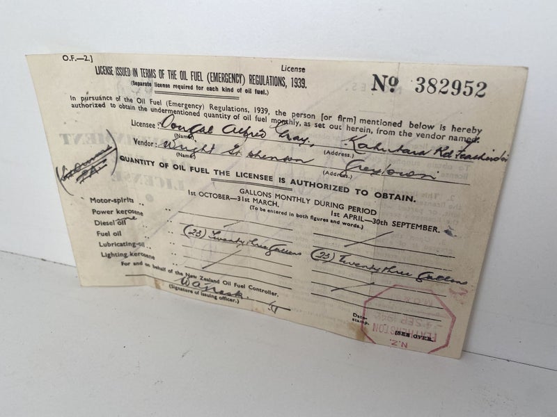 OLD DOCUMENT: NZ Government Application for special Oil-fuel License 1941 Carousel 5