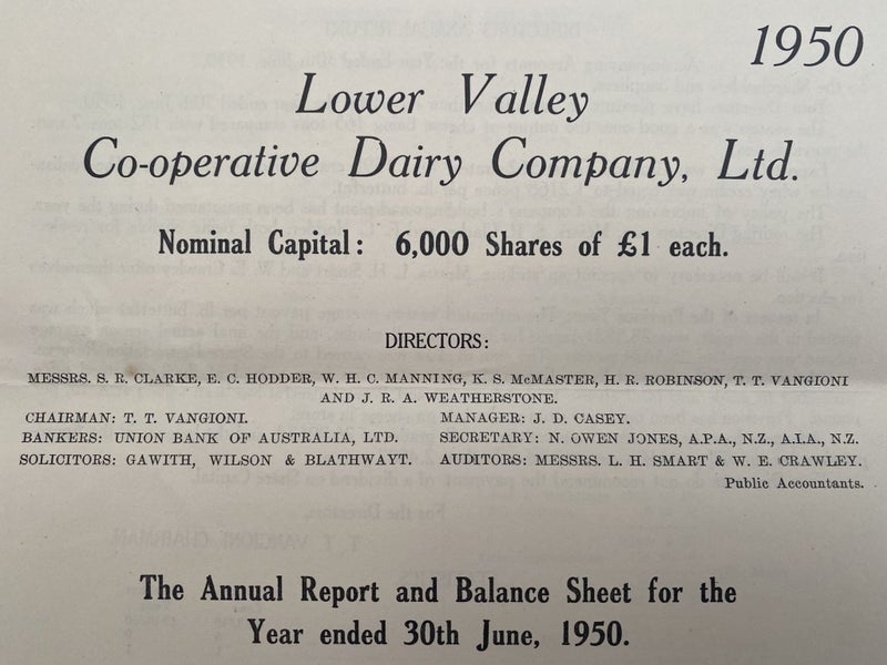 LOWER VALLEY CO-OP DAIRY COMPANY Ltd, Martinborough - Annual Report 1950 Carousel 1