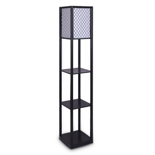 Sarantino Etagere Floor Lamp Diamond Look Fabric Shade Shelves Black Carousel 1