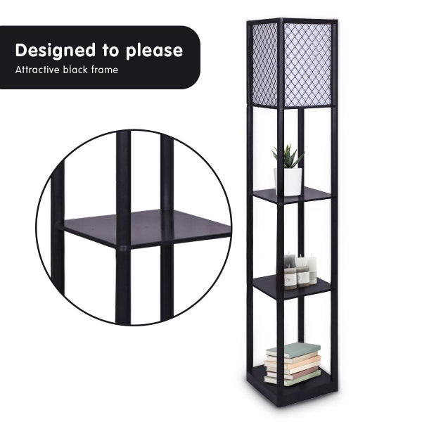 Sarantino Etagere Floor Lamp Diamond Look Fabric Shade Shelves Black Carousel 5