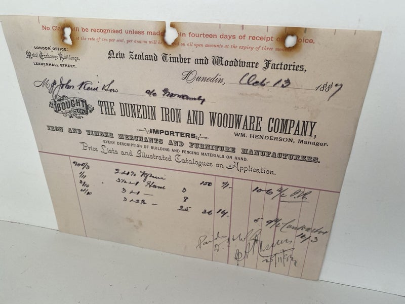 ANTIQUE INVOICE / RECEIPT: Dunedin Iron and Woodware Co. 1887 (141yo) Carousel 2