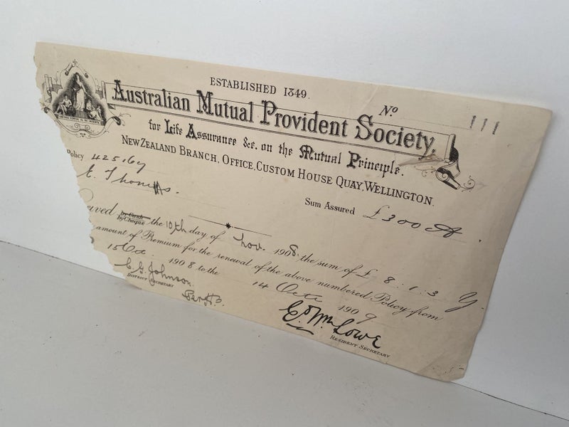 ANTIQUE RECEIPT: Australian Mutual Provident Society 1908 (114 yo) Carousel 2
