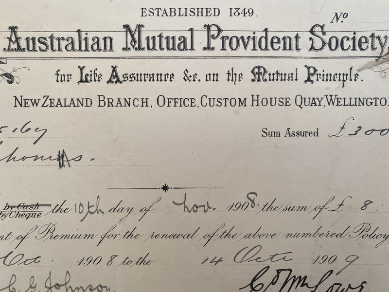 ANTIQUE RECEIPT: Australian Mutual Provident Society 1908 (114 yo) Carousel 1