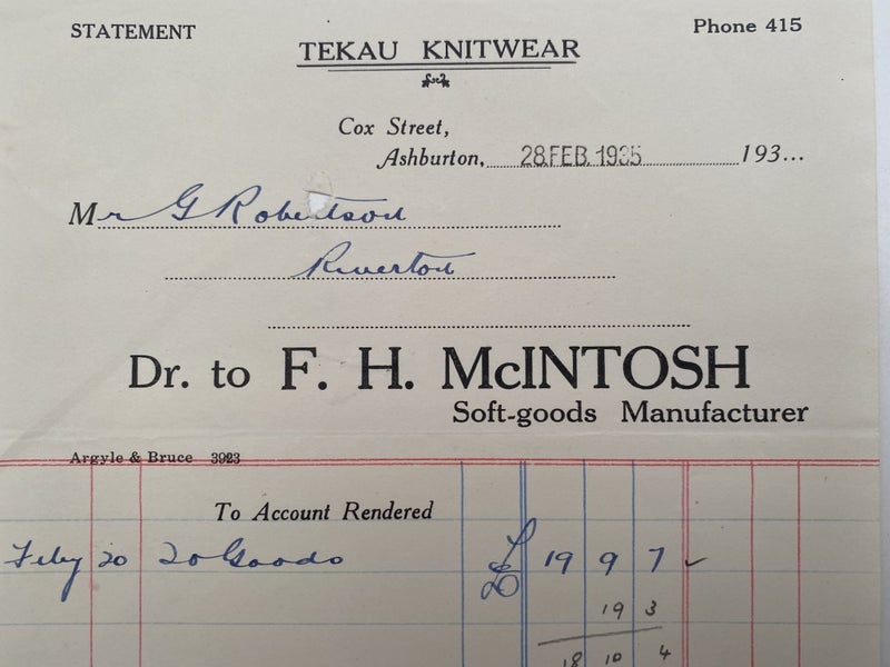 OLD INVOICE / RECEIPT: F.H. Macintosh, Ashburton - Soft Goods 1935 (87 yo) Carousel 1