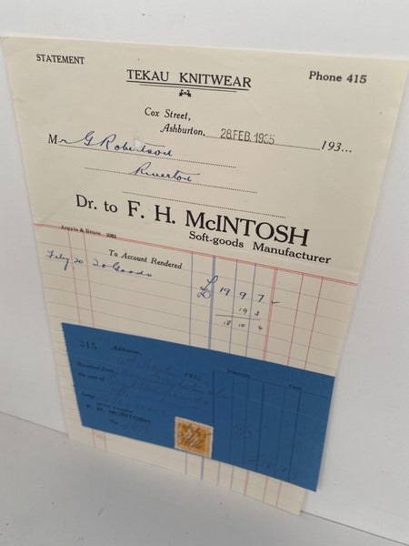 OLD INVOICE / RECEIPT: F.H. Macintosh, Ashburton - Soft Goods 1935 (87 yo) Carousel 2