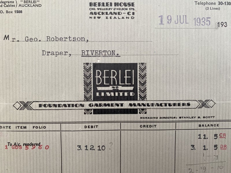 OLD INVOICE: Berlie Ltd, Auckland - Foundation Garment Manufacturers 1935 Carousel 1