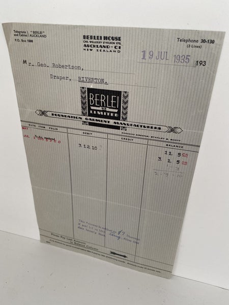 OLD INVOICE: Berlie Ltd, Auckland - Foundation Garment Manufacturers 1935 Carousel 2