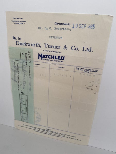 OLD INVOICE / RECEIPT: Duckworth, Turner & Co Ltd, Christchurch 1935 (87 yo) Carousel 2