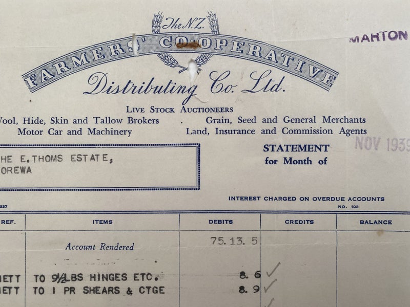 OLD INVOICE / RECEIPT: Farmer's Co-operative Distributing Ltd, Marton 1939 Carousel 1