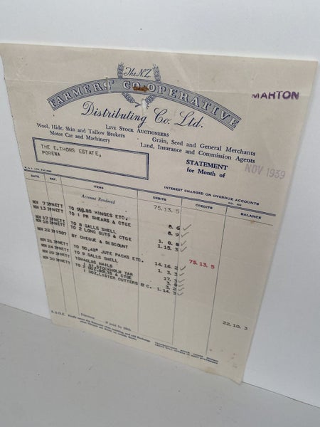 OLD INVOICE / RECEIPT: Farmer's Co-operative Distributing Ltd, Marton 1939 Carousel 2