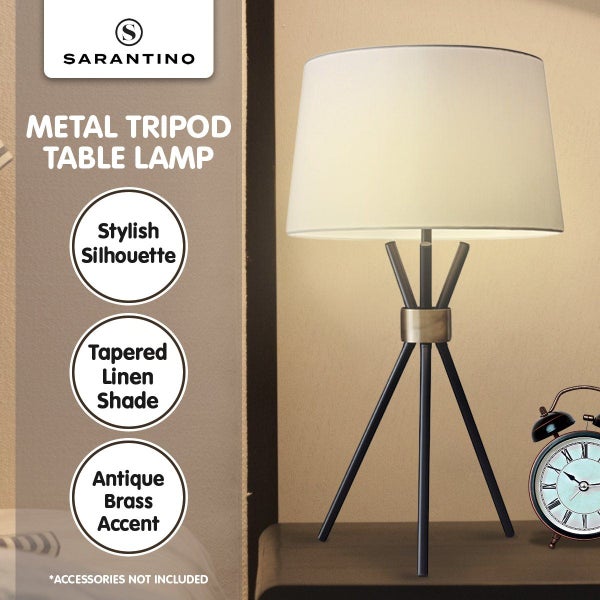 Sarantino Metal Tripod Table Lamp With Antique Brass Accent Reading Light Carousel 6