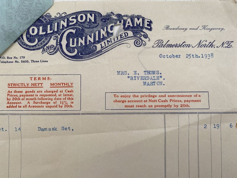 OLD INVOICE / RECEIPT: Collinson & Cunningham Ltd. Palmerston North 1938 Carousel 1