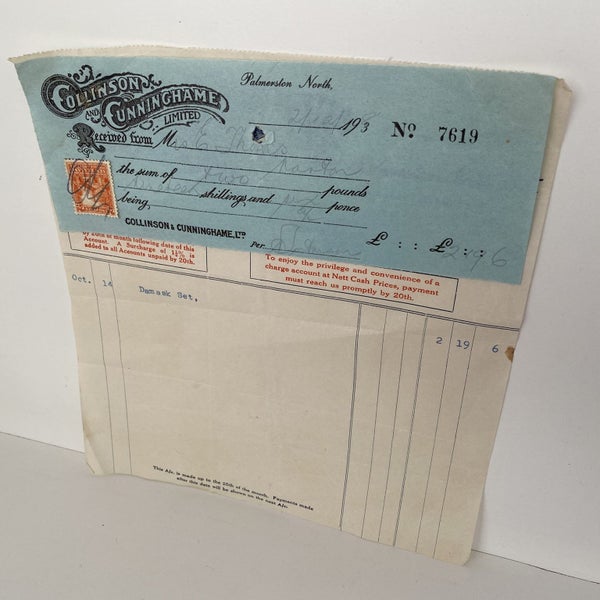 OLD INVOICE / RECEIPT: Collinson & Cunningham Ltd. Palmerston North 1938 Carousel 2