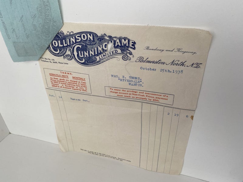 OLD INVOICE / RECEIPT: Collinson & Cunningham Ltd. Palmerston North 1938 Carousel 3