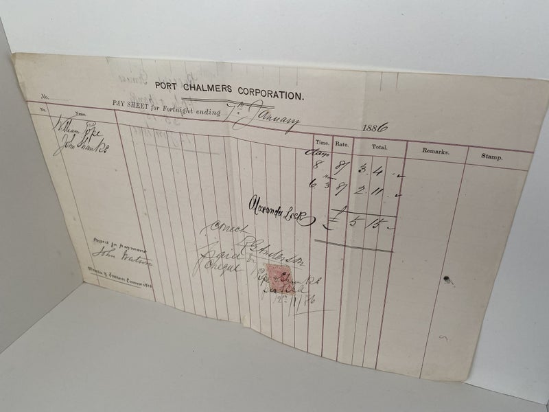 ANTIQUE PAY SHEET: Port Chalmers Corporation 1886 (136yo) Carousel 2