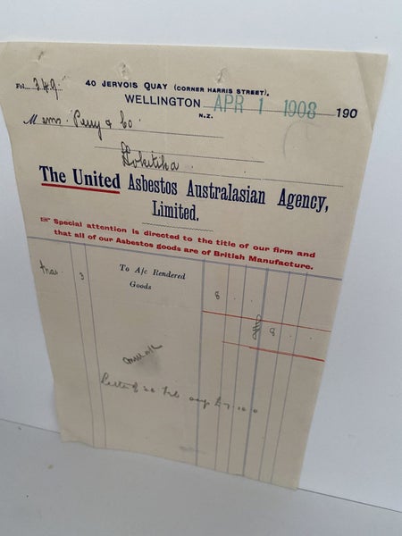 ANTIQUE INVOICE: United Asbestos Australasian Agency Ltd Wellington 1908 (114yo) Carousel 2