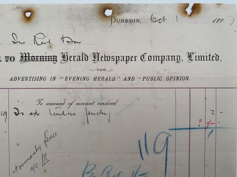 ANTIQUE INVOICE: Herald Newspaper Company Ltd, Dunedin 1881 (141 yo) Carousel 1
