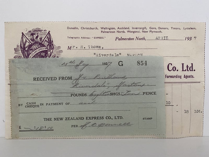 OLD INVOICE / RECEIPT: The New Zealand Express Co. Palmerston Nth 1937 Carousel 3