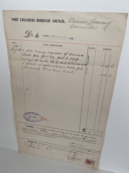 ANTIQUE INVOICE / RECEIPT: Port Chalmers Borough Council 1905 (117 yo) Carousel 2