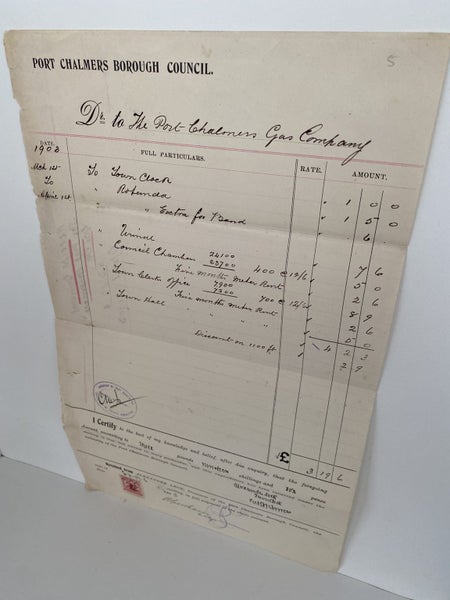 ANTIQUE INVOICE / RECEIPT: Port Chalmers Borough Council 1903 (119 yo) Carousel 2