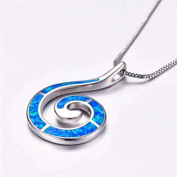925 Sterling Silver Opal Fish Hook Koru Necklace "Rawiri" (Blue) Carousel 2