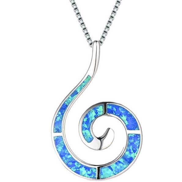 925 Sterling Silver Opal Fish Hook Koru Necklace "Rawiri" (Blue) Carousel 1