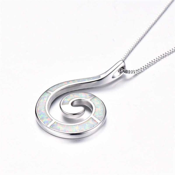 925 Sterling Silver Opal Fish Hook Koru Necklace "Rawiri" (White) Carousel 2