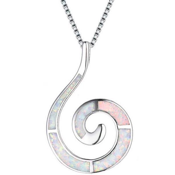 925 Sterling Silver Opal Fish Hook Koru Necklace "Rawiri" (White) Carousel 1