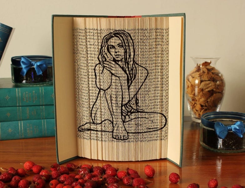 Naked Sitting Woman, Sensual art image engraved in book, unique Home Decor Carousel 4