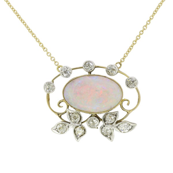Antique Victorian 18k Gold & Platinum Cabochon Opal & Diamond Pendant Necklace Carousel 2