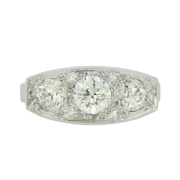 Antique Art Deco French 18k Gold 1.29ctw Old European Diamond Trilogy Band Ring Carousel 1