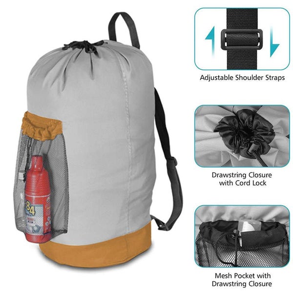 Backpack Laundry Bag With Shoulder Straps And Mesh Pocket-Gray Carousel 4