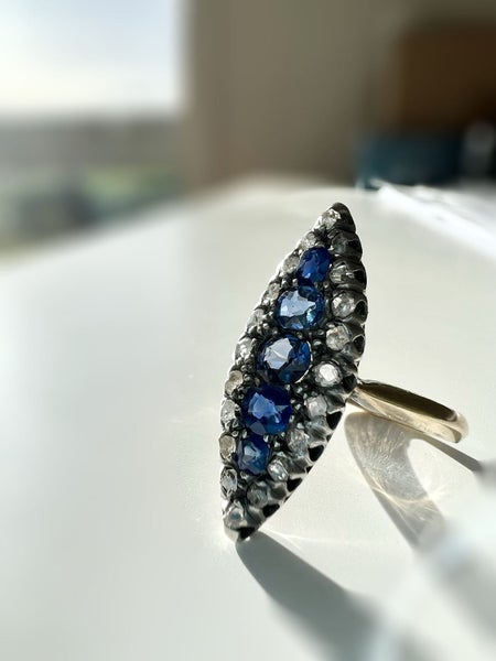 Antique French 18k Gold Silver GIA NO HEAT Pave Sapphire & Diamond Navette Ring Carousel 14
