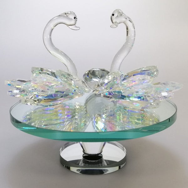 Iridescent Cut Glass Swans with Gem on Turnable Mirror Base63613780618371112