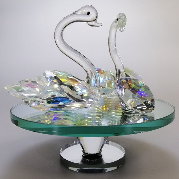 Iridescent Cut Glass Swans with Gem on Turnable Mirror Base63613780618371111