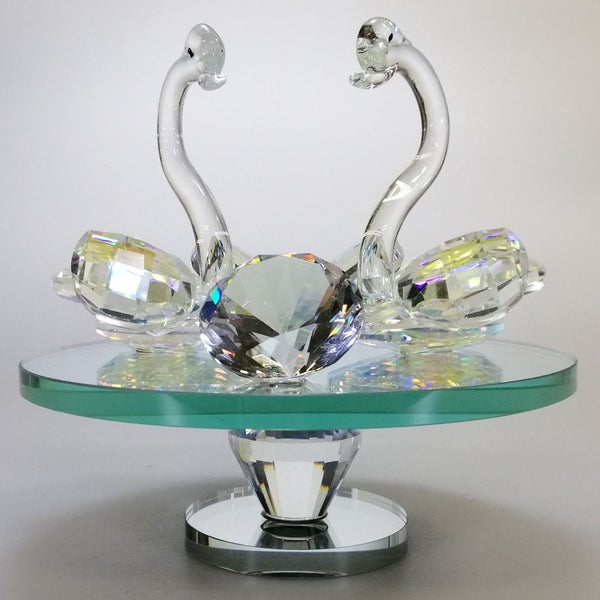 Iridescent Cut Glass Swans with Gem on Turnable Mirror Base63613780618371110