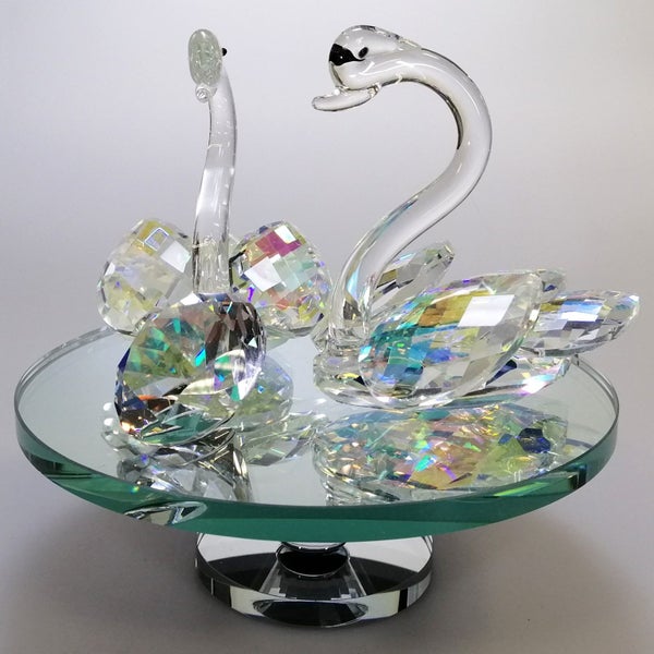 Iridescent Cut Glass Swans with Gem on Turnable Mirror Base63613780618371114