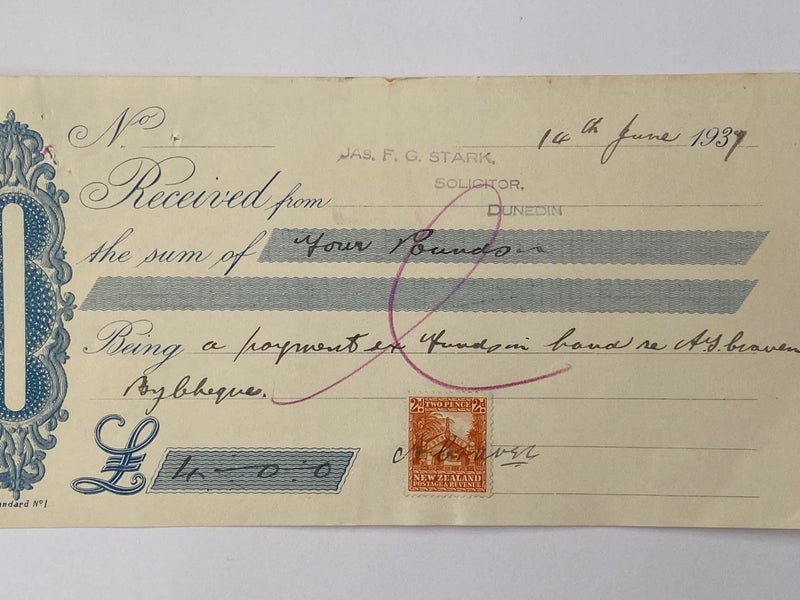 OLD RECEIPT: Jas F.G. Stark, Solicitor. Dunedin 1937 (85yo) Carousel 1