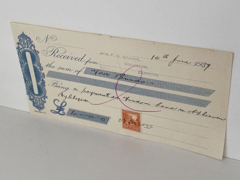 OLD RECEIPT: Jas F.G. Stark, Solicitor. Dunedin 1937 (85yo) Carousel 2