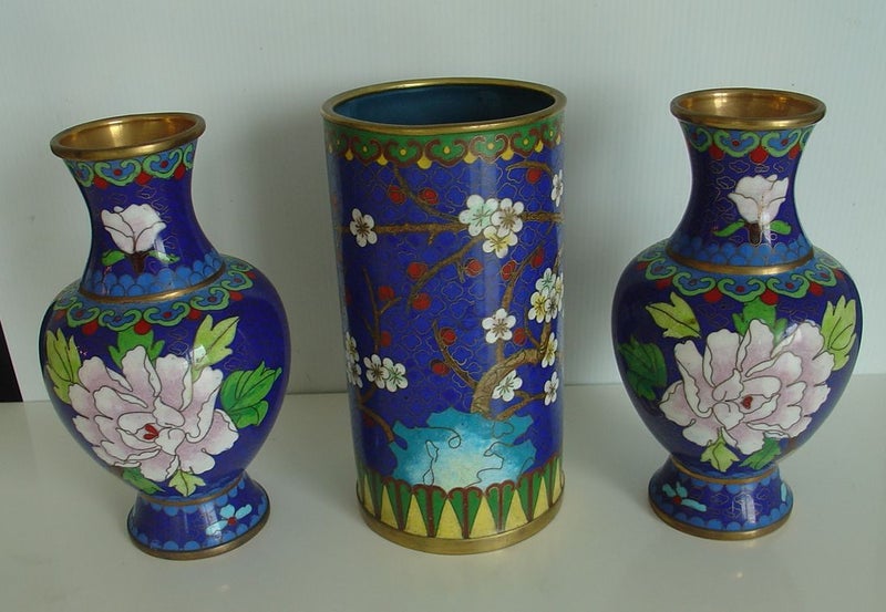 Three Impressive Cloisonne Style Brass Vases Carousel 2